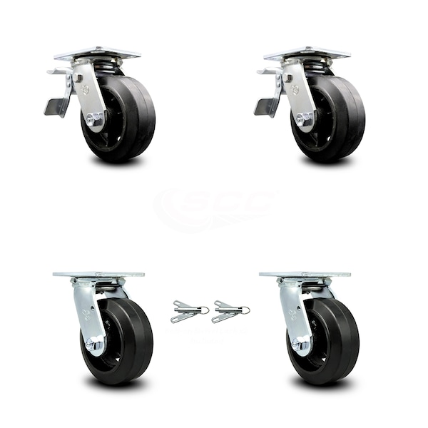 5 Inch Rubber on Steel Caster Set with Ball Bearings 2 Brake 2 Swivel Lock SCC